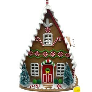 Gingerbread House Brown White Candy Cane Santa Light Up Christmas 9” Height NWT